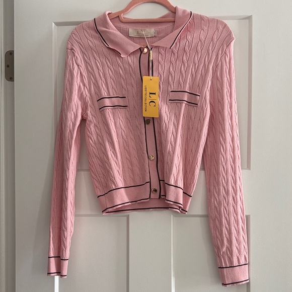 Lizette Collection Sweaters - Pink Cable Knit Cardigan with Brown Trim